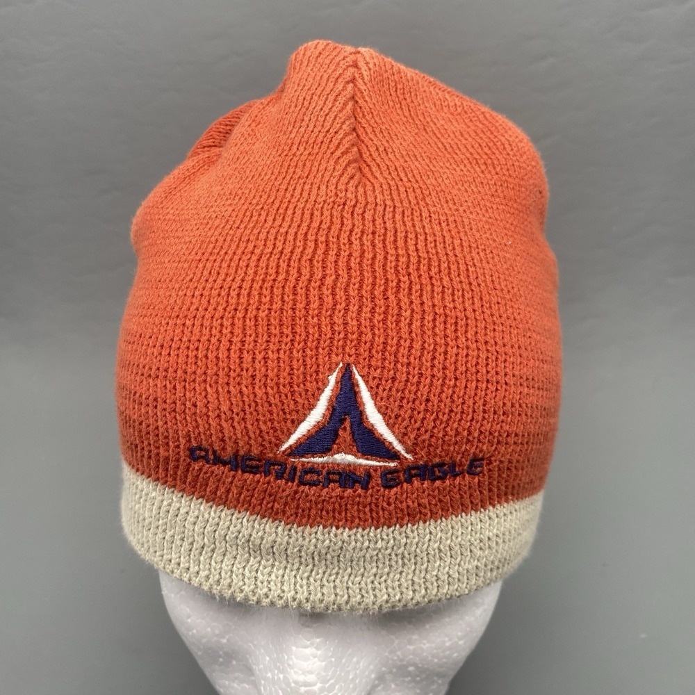 Vintage American Eagle Y2K Fleece Beanie Hat Orange One Size AE77 Performance
